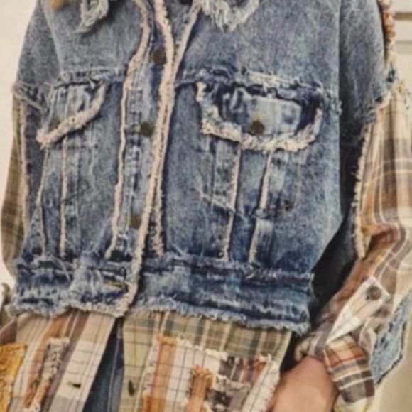 Patchwork Denim and Plaid Long Jacket - Picture 4 of 4